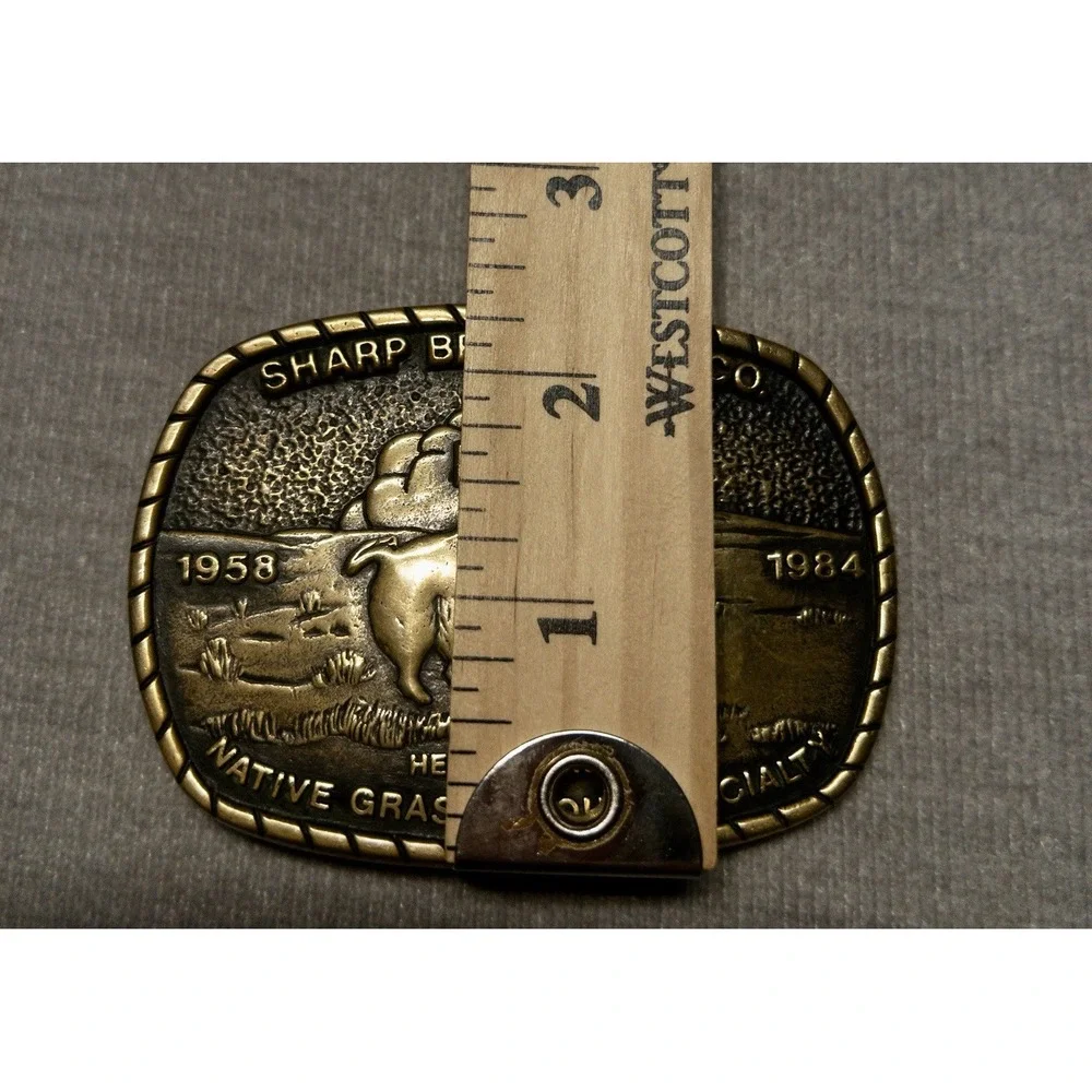 Vtg 1983 SHARP BROS. SEED CO. Belt Buckle Brass‎ HEALY, KANSAS 25th Anniversary